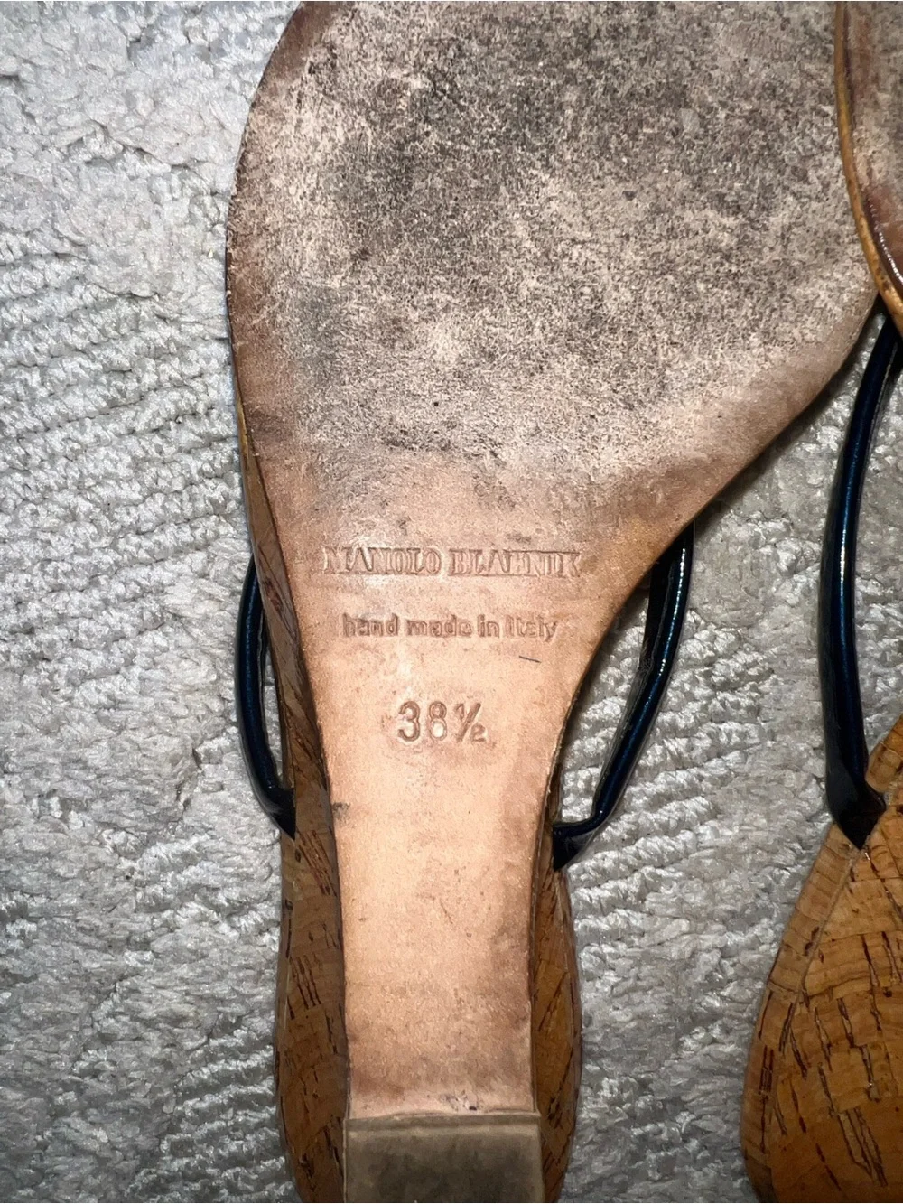 Manolo Blahnik vintage corkblock pattern navy flip flop wedges, size 38.5